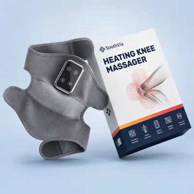 SoothVia heated knee massager, a gray wrap with a wide strap and its control unit